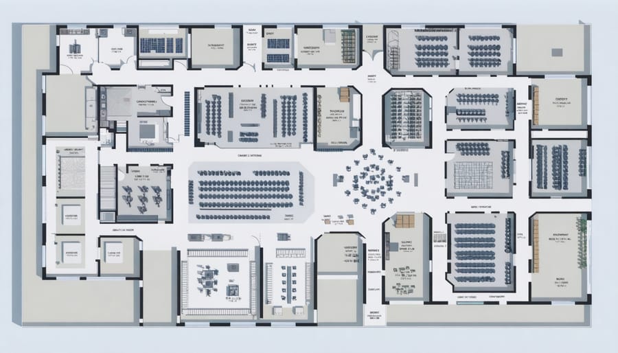 Architectural floor plan showing optimized layout of CBD gummies production zones with color-coded areas