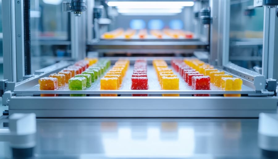 Industrial packaging line for CBD gummies with temperature-controlled storage units