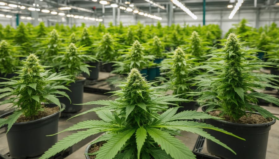 Exterior view of commercial cannabis cultivation facility with greenhouse architecture