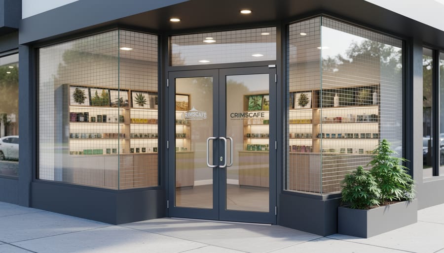 Modern cannabis dispensary entrance with Crimsafe security screen doors