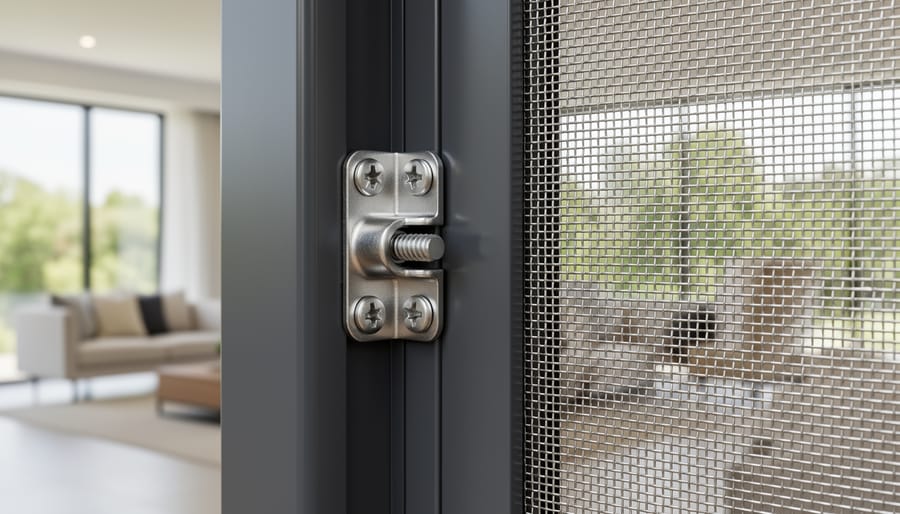 Close-up detail of Crimsafe stainless steel security mesh and mounting system