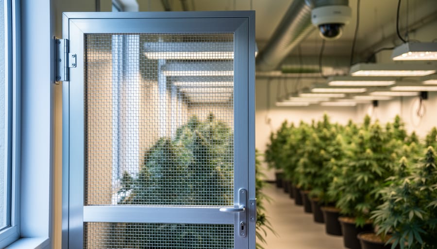 Stainless-steel security mesh door and window in an aluminum frame at a cannabis facility, mesh in sharp focus with blurred rows of cannabis plants, ventilation ducting, and a dome security camera behind under soft natural light.