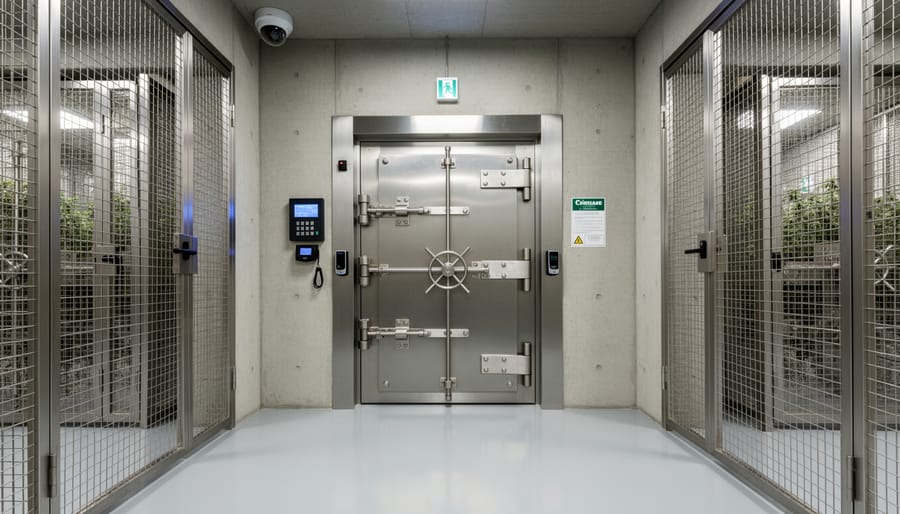 Secure vault area in cannabis facility featuring Crimsafe security windows and reinforced doors